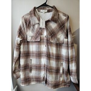 No Comment Oversized Plaid Shacket L Sherpa Fleece Lined Gardenia Cappuccino NWT